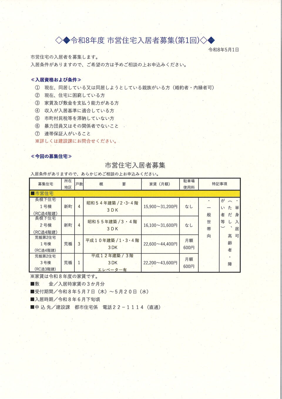市営住宅入居者募集5月分